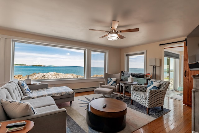 living room with light hardwood / wood-style flooring, a healthy amount of sunlight, and a baseboard heating unit