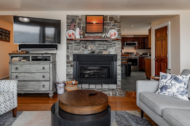 living room with a fireplace and dark wood-type flooring