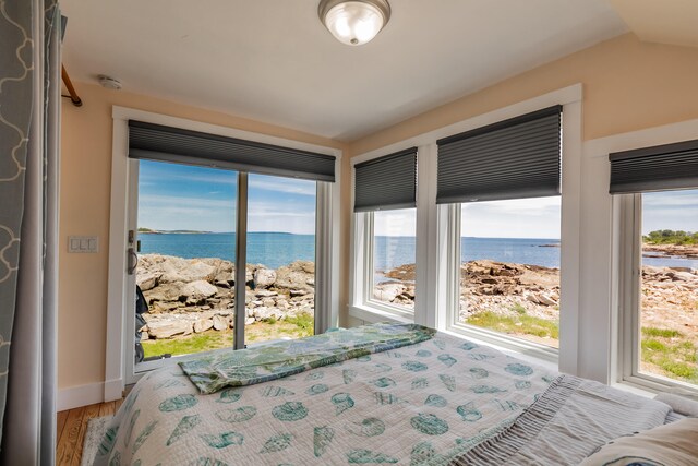 bedroom featuring a water view and wood-type flooring