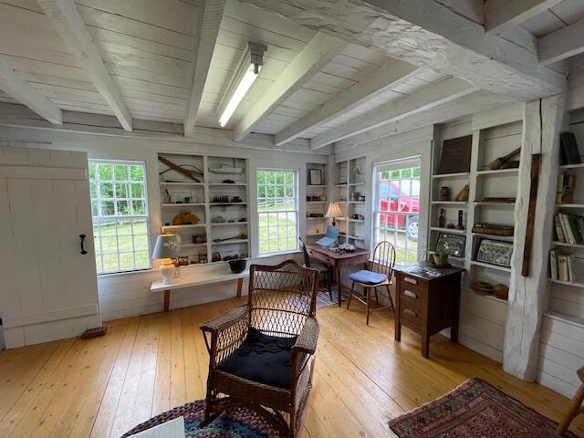 38 Kingsbury Ln, Perry, ME 04667 - office space featuring hardwood / wood-style floors and beamed ceiling