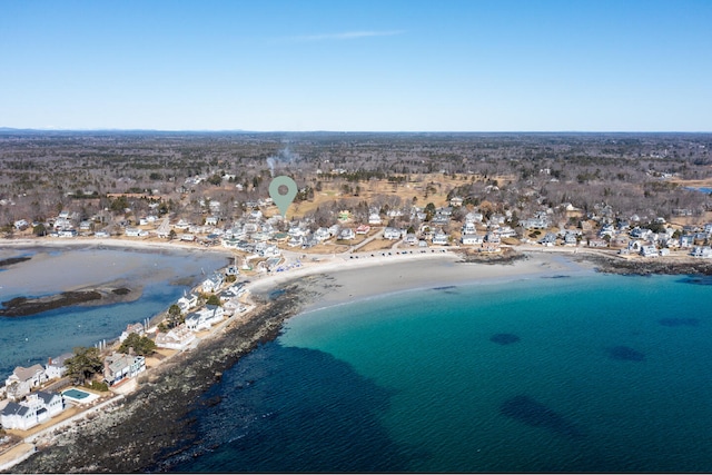 aerial view with a water view, a residential view, and a view of the beach