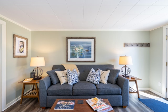 living room with hardwood / wood-style flooring and ornamental molding