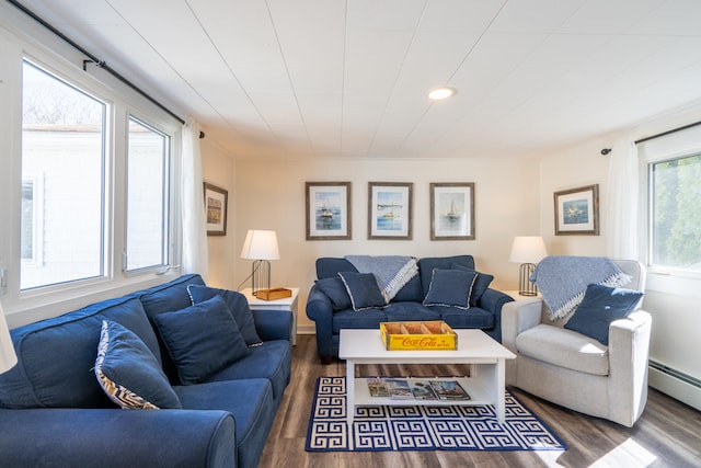 living room featuring a baseboard radiator and dark hardwood / wood-style floors