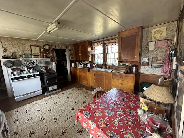 kitchen with light wood-type flooring, sink, white gas range oven, and a wood stove