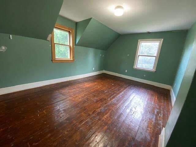 additional living space with wood-type flooring and vaulted ceiling