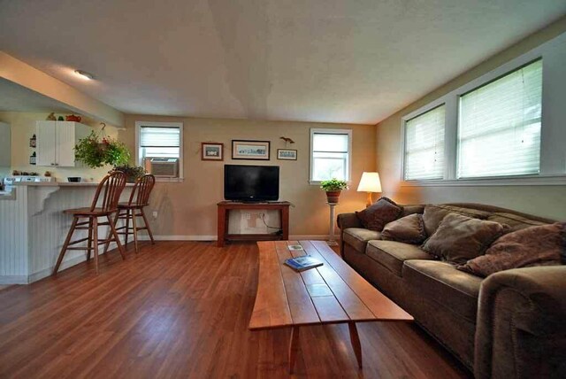 living room with cooling unit and wood-type flooring