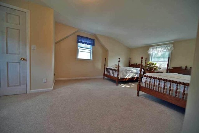 carpeted bedroom with vaulted ceiling