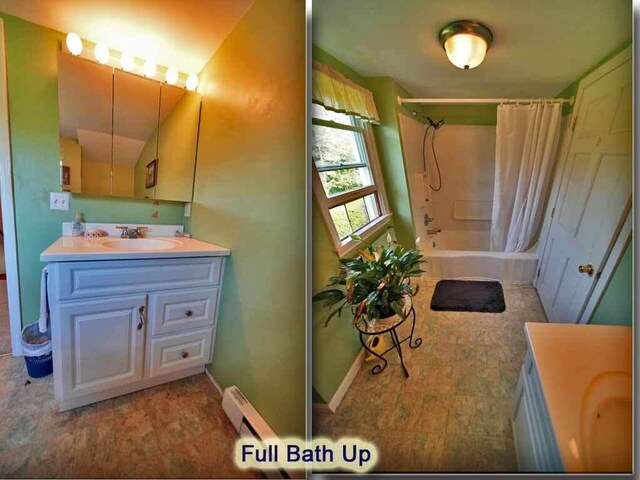 bathroom with vanity, shower / bath combo, and tile patterned floors