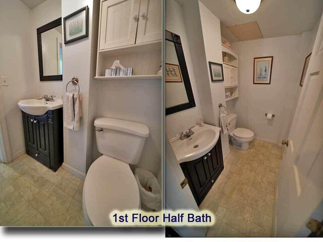 bathroom featuring vanity, tile patterned floors, and toilet