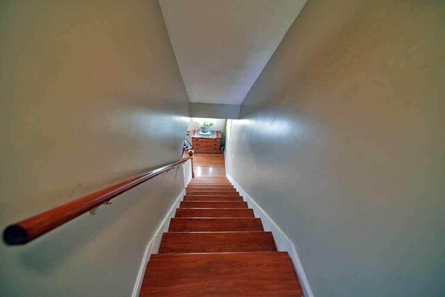 stairway with dark hardwood / wood-style floors