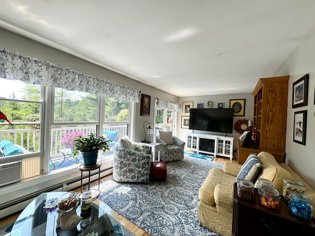 living room featuring a baseboard radiator and hardwood / wood-style floors