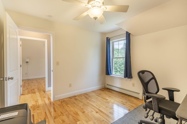 office with ceiling fan, light hardwood / wood-style floors, and baseboard heating