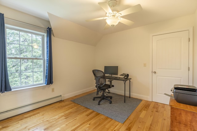 unfurnished office featuring light wood-type flooring, lofted ceiling, ceiling fan, and a baseboard radiator