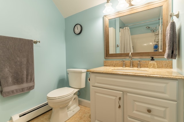 bathroom with tile patterned flooring, toilet, baseboard heating, a shower with shower curtain, and vanity