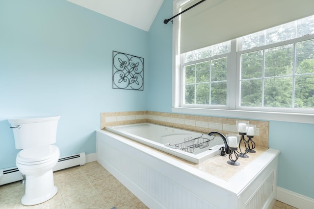 bathroom with a baseboard radiator, toilet, vaulted ceiling, and a bathtub