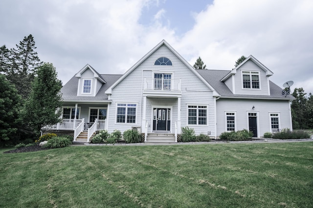 view of front of house featuring covered porch and a front yard