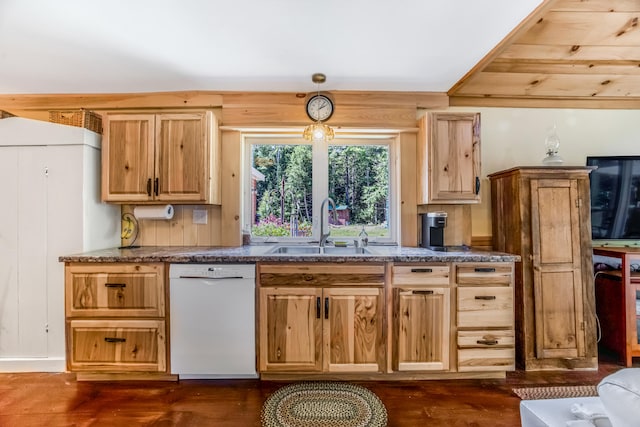 kitchen with dark hardwood / wood-style floors, dishwasher, decorative light fixtures, and sink