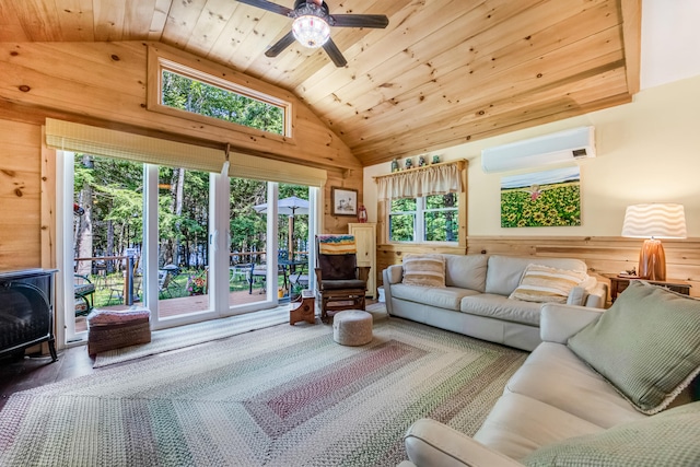 living room featuring high vaulted ceiling, a wall mounted AC, wooden ceiling, and a wood stove