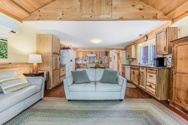 living room featuring an AC wall unit, sink, dark hardwood / wood-style flooring, and vaulted ceiling