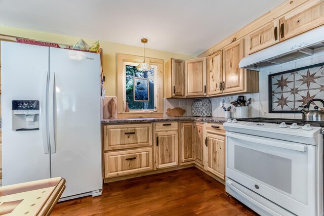 kitchen with light brown cabinets, backsplash, dark hardwood / wood-style floors, and white appliances