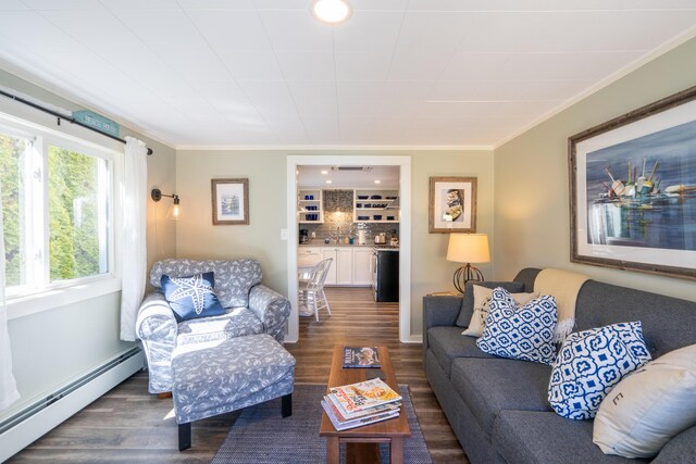 living room featuring ornamental molding, dark hardwood / wood-style floors, a baseboard heating unit, and a wealth of natural light