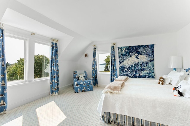 bedroom featuring lofted ceiling