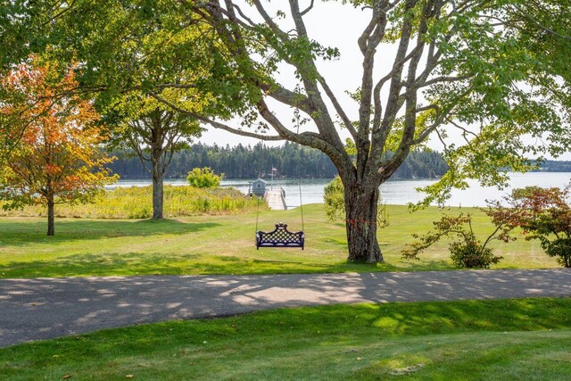 view of property's community featuring a water view and a lawn