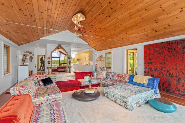 living room featuring hardwood / wood-style flooring, vaulted ceiling, and wood ceiling