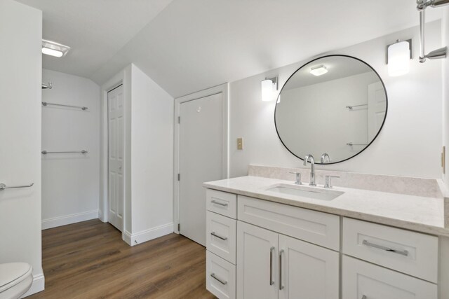 bathroom featuring vanity, toilet, and hardwood / wood-style floors