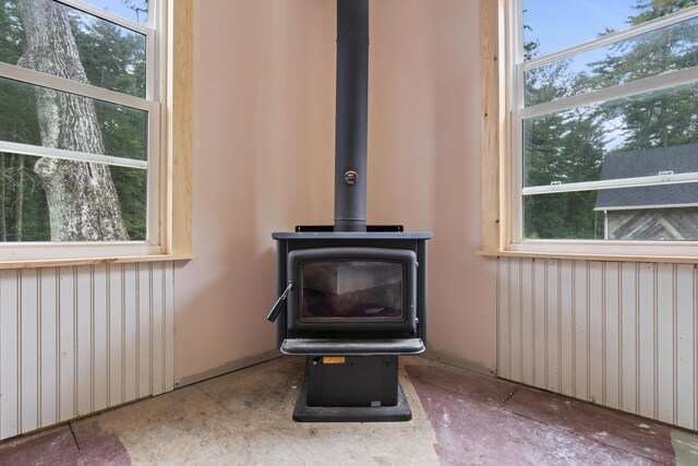 room details featuring a wood stove