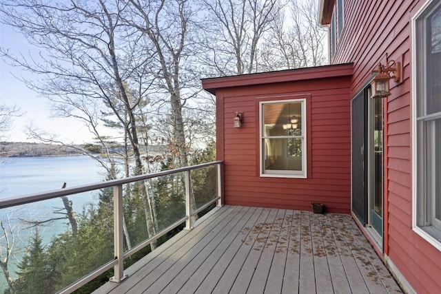 deck featuring a water view