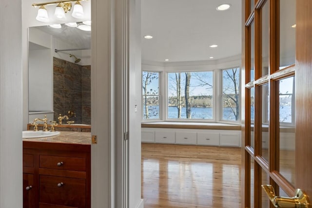 bathroom featuring a water view, wood-type flooring, and sink