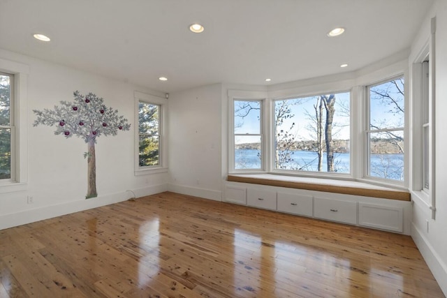 empty room with a water view and light hardwood / wood-style flooring