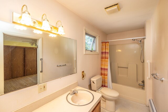 full bathroom featuring shower / bath combination with curtain, vanity, baseboard heating, and toilet