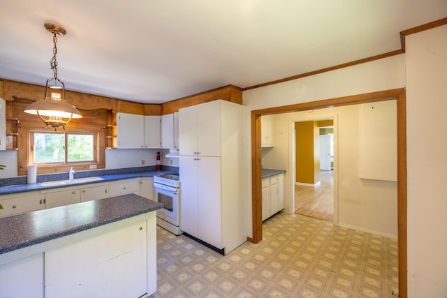 kitchen featuring pendant lighting, light hardwood / wood-style flooring, sink, electric stove, and white cabinets