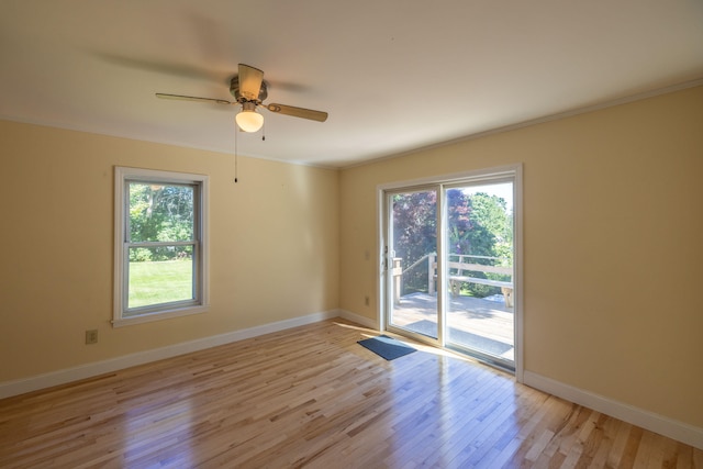 unfurnished room featuring ceiling fan, ornamental molding, light hardwood / wood-style floors, and a healthy amount of sunlight