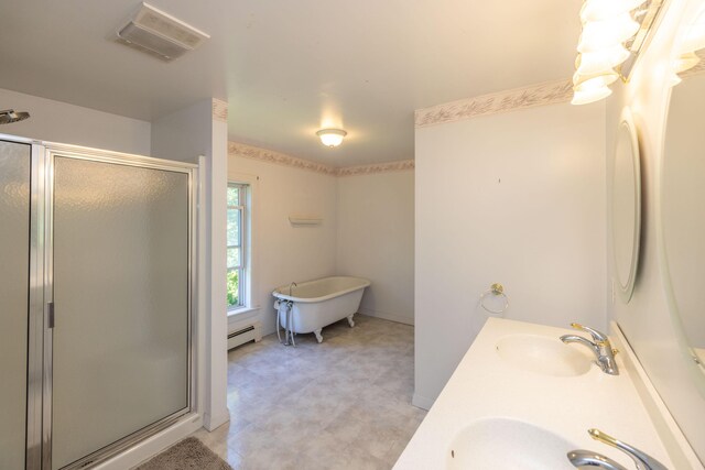 bathroom with a baseboard heating unit, vanity, and shower with separate bathtub