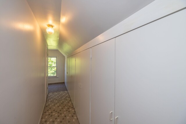 hall featuring carpet flooring and vaulted ceiling