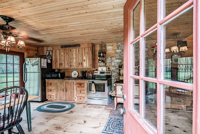 kitchen featuring wood ceiling, light wood-type flooring, wooden walls, and stainless steel appliances