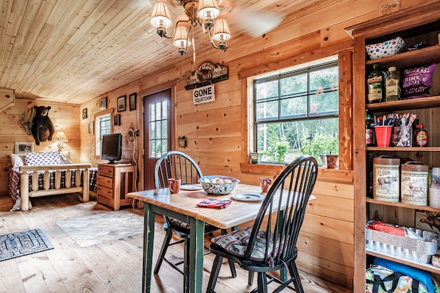 dining room with wood walls, a chandelier, light wood-type flooring, and wood ceiling