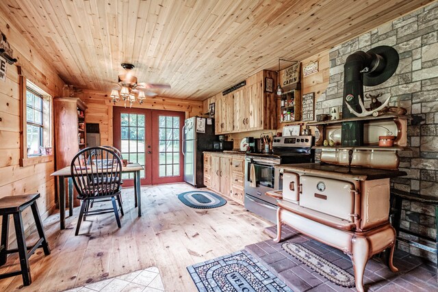 kitchen featuring ceiling fan, wooden ceiling, wooden walls, light wood-type flooring, and appliances with stainless steel finishes