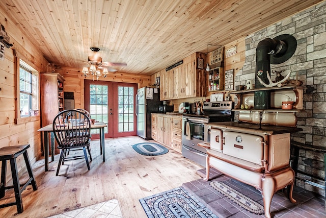 kitchen featuring a wealth of natural light, wood ceiling, stainless steel appliances, light wood-type flooring, and french doors