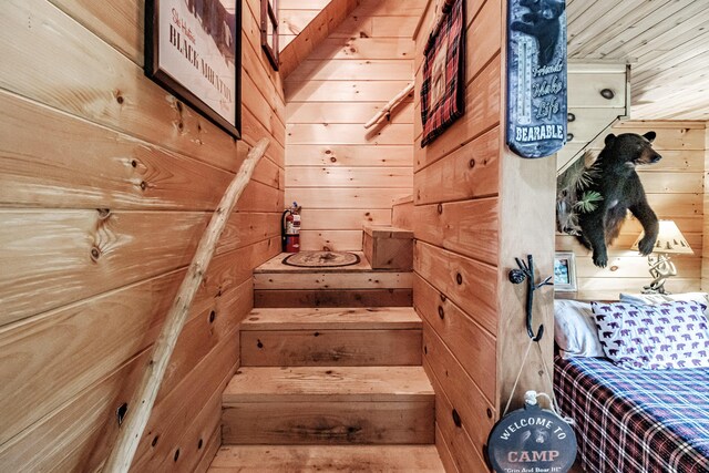 stairs with wood walls