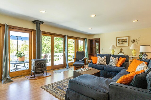 living room with a wood stove, a wealth of natural light, and light hardwood / wood-style floors