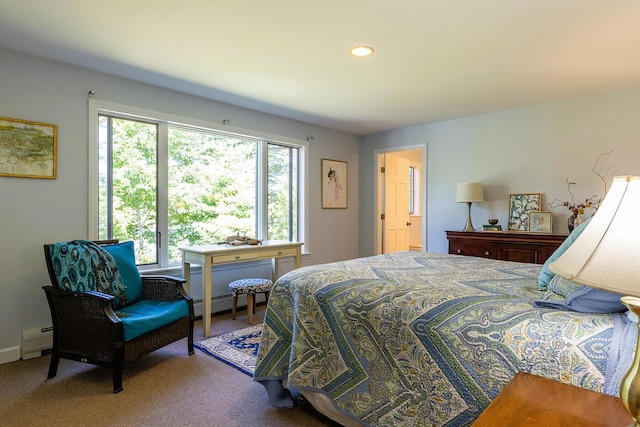 carpeted bedroom featuring recessed lighting and baseboard heating