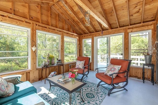 sunroom / solarium with lofted ceiling and wooden ceiling