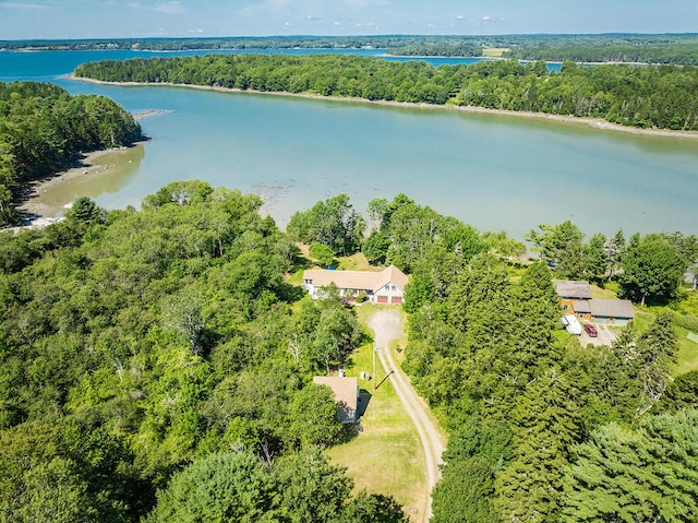 drone / aerial view featuring a water view and a forest view