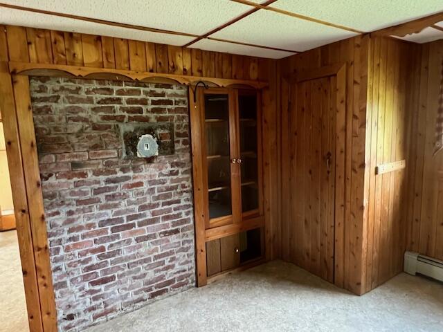 carpeted spare room with baseboard heating and wooden walls