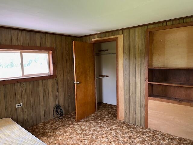 unfurnished bedroom featuring wood walls, a closet, and carpet floors