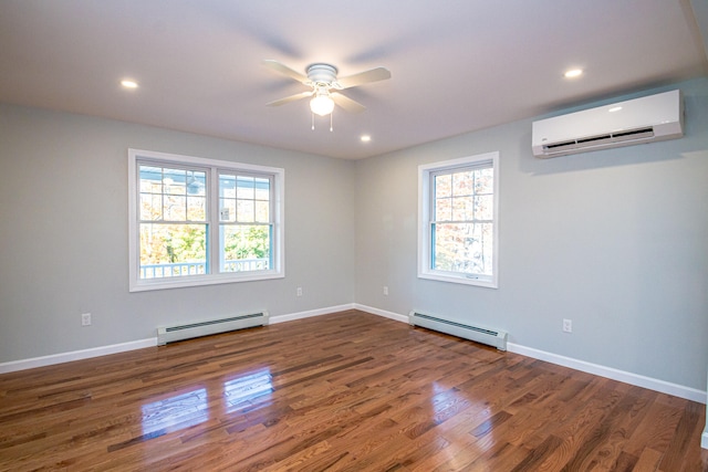 empty room featuring dark wood-type flooring, ceiling fan, an AC wall unit, and baseboard heating